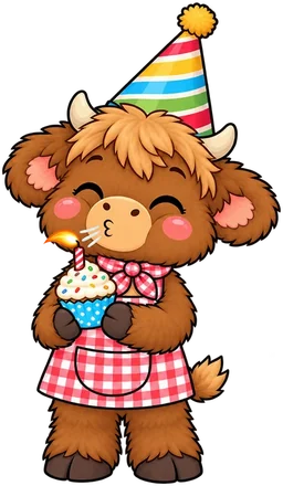 Moomli in a party hat blows out a candle