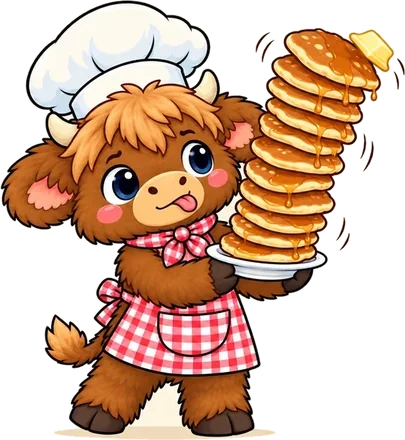 Moomli balances a tall stack of pancakes